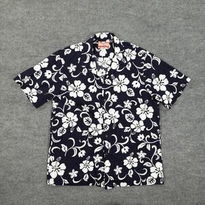 RJC Shirt Mens XL Blue Hibiscus Tropical Hawaiian Aloha Button Front Made USA